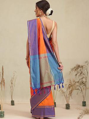 Orange woven art silk traditional saree with blouse piece 3