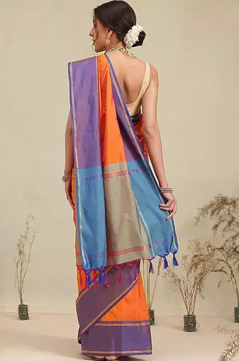 Orange woven art silk traditional saree with blouse piece