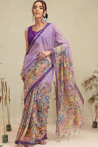 Purple printed cotton blend ethnic saree with blouse piece