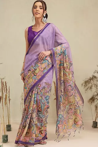 Purple printed cotton blend ethnic saree with blouse piece