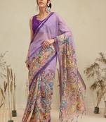 Purple printed cotton blend ethnic saree with blouse piece