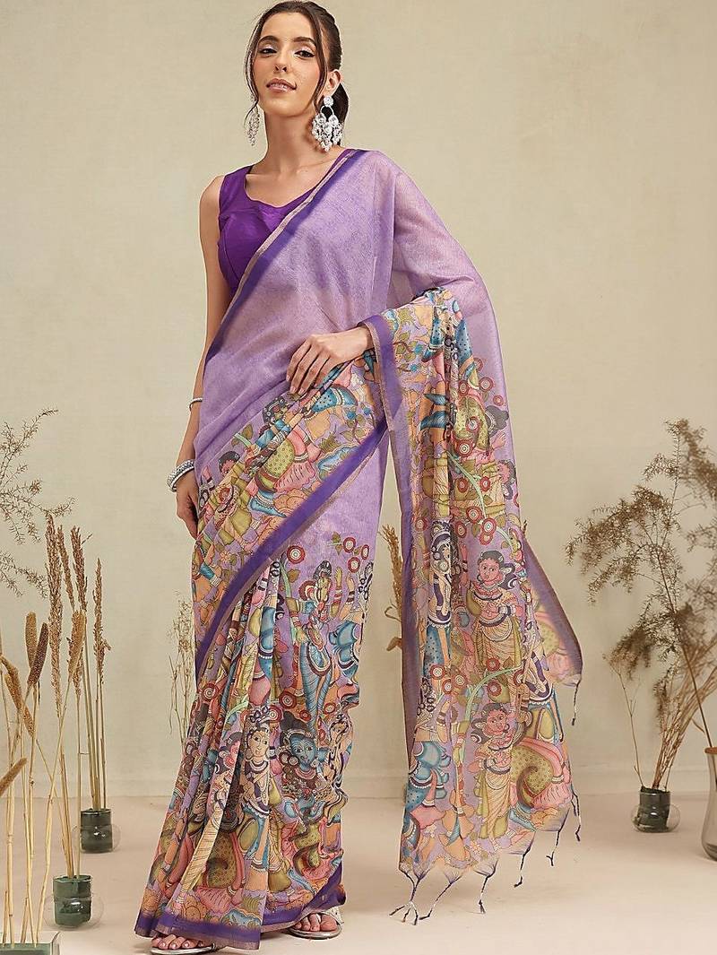 Purple printed cotton blend ethnic saree with blouse piece