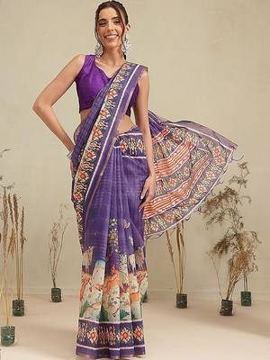 Purple printed cotton blend ethnic saree with blouse piece 1