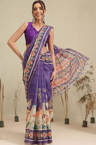 Purple printed cotton blend ethnic saree with blouse piece
