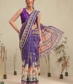 Purple printed cotton blend ethnic saree with blouse piece