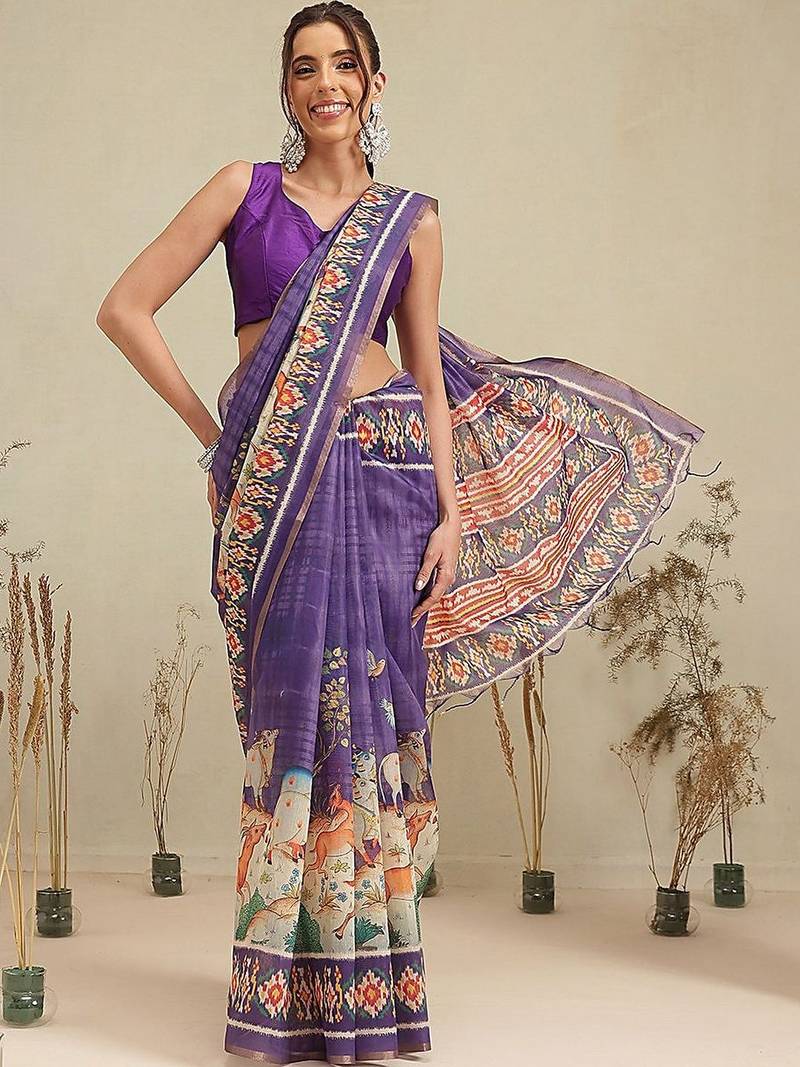 Purple printed cotton blend ethnic saree with blouse piece