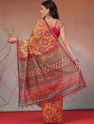 Yellow printed cotton blend ethnic saree with blouse piece 2
