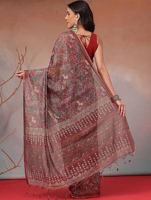 Brown printed cotton blend ethnic saree with blouse piece 2