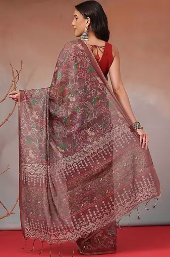 Brown printed cotton blend ethnic saree with blouse piece