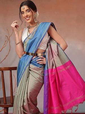 Multicolor woven art silk traditional saree with blouse piece 3