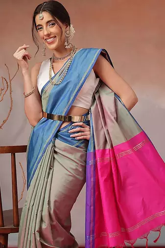 Multicolor woven art silk traditional saree with blouse piece