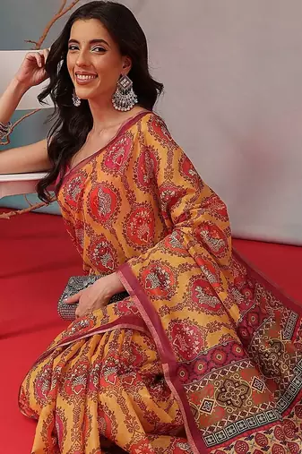 Yellow printed cotton blend ethnic saree with blouse piece