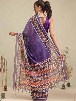 Purple printed cotton blend ethnic saree with blouse piece 2
