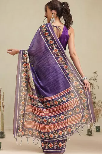 Purple printed cotton blend ethnic saree with blouse piece