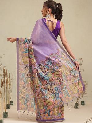 Purple printed cotton blend ethnic saree with blouse piece 2