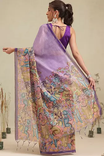 Purple printed cotton blend ethnic saree with blouse piece
