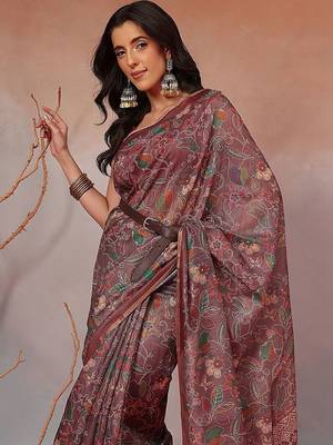Brown printed cotton blend ethnic saree with blouse piece 3