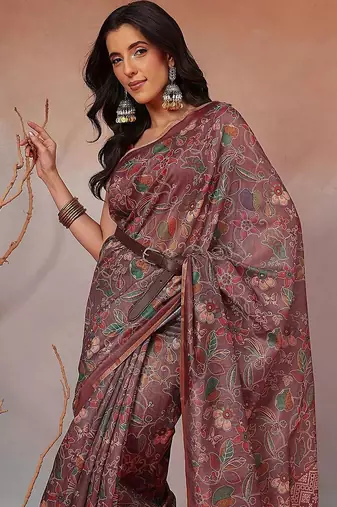 Brown printed cotton blend ethnic saree with blouse piece