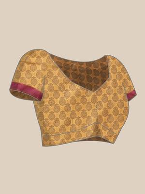 Yellow printed cotton blend ethnic saree with blouse piece 4