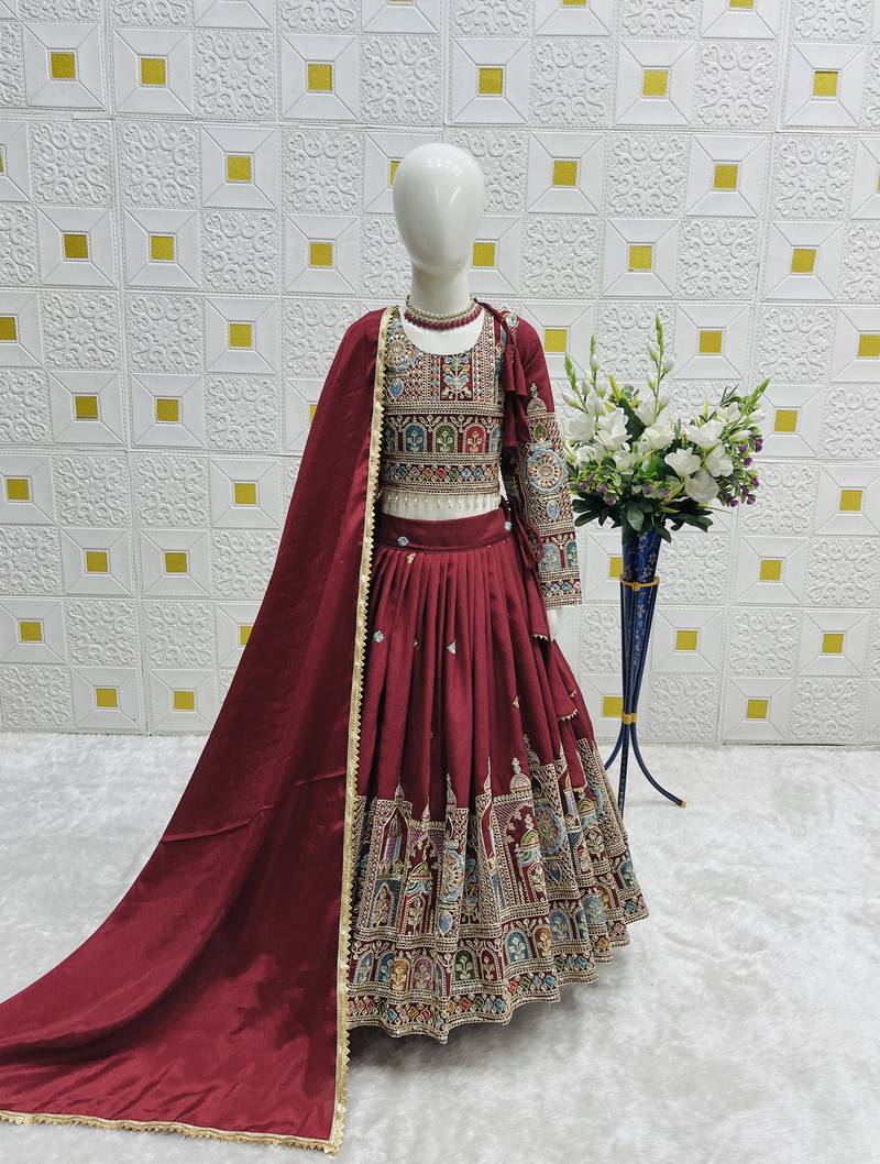 maroon heavy pure vichitra with embroidery coading sequence & thread work - designer party wear