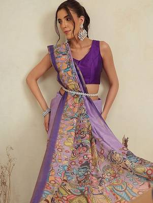 Purple printed cotton blend ethnic saree with blouse piece 3