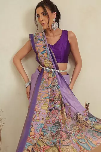 Purple printed cotton blend ethnic saree with blouse piece