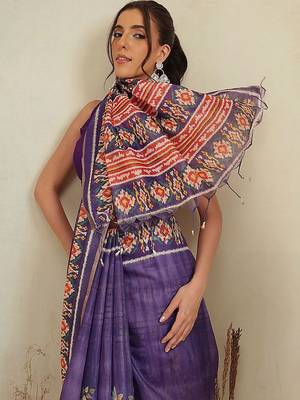 Purple printed cotton blend ethnic saree with blouse piece 3