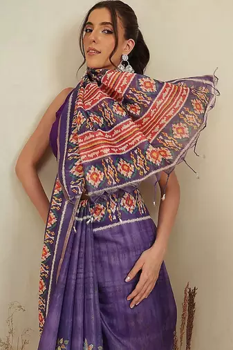 Purple printed cotton blend ethnic saree with blouse piece