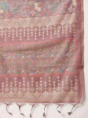 Brown printed cotton blend ethnic saree with blouse piece 5