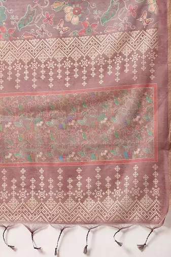Brown printed cotton blend ethnic saree with blouse piece