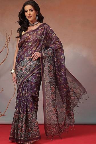 Purple printed cotton blend ethnic saree with blouse piece