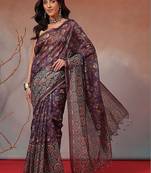 Purple printed cotton blend ethnic saree with blouse piece