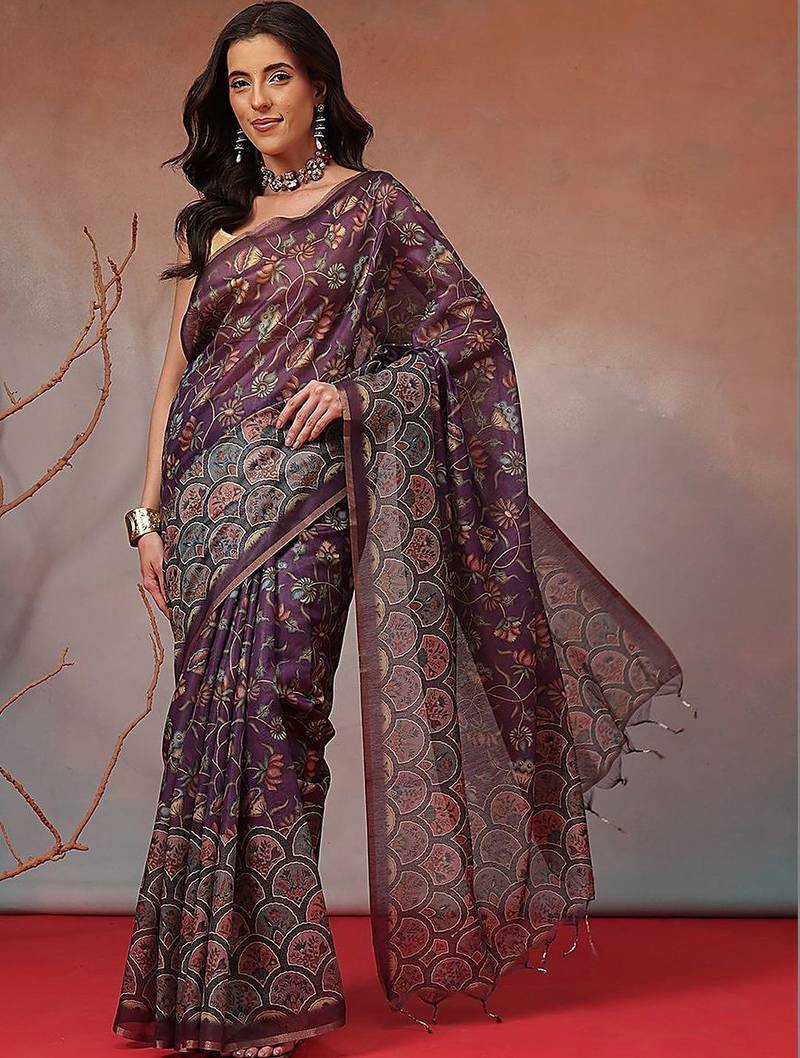 Purple printed cotton blend ethnic saree with blouse piece
