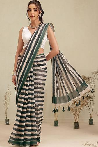Multicolor printed cotton blend ethnic saree with blouse piece