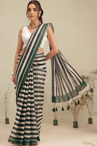 Multicolor printed cotton blend ethnic saree with blouse piece