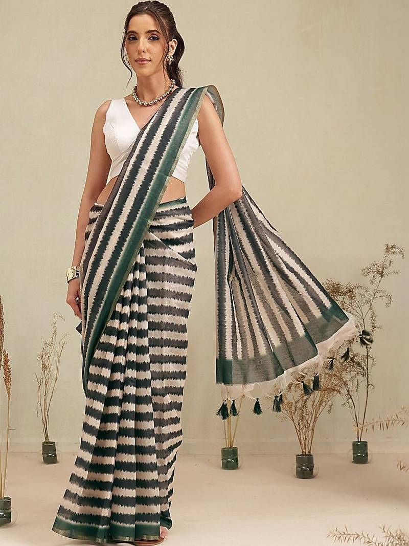 Multicolor printed cotton blend ethnic saree with blouse piece
