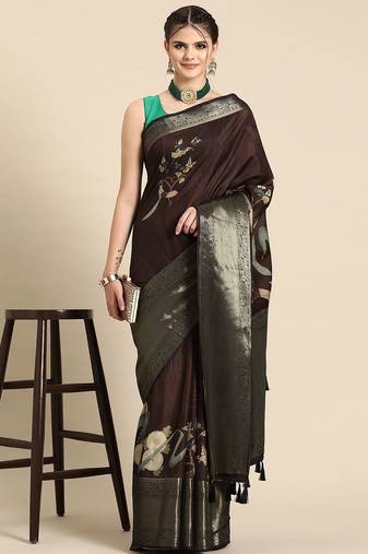 Brown printed silk blend ethnic saree with blouse piece