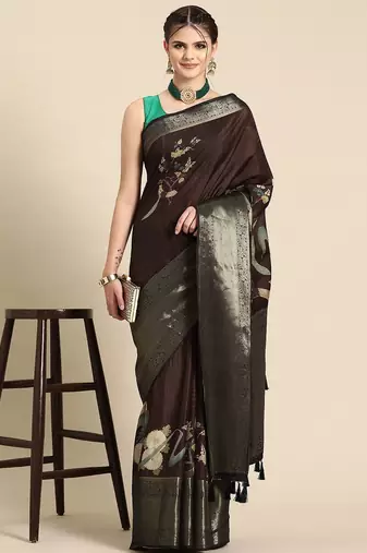 Brown printed silk blend ethnic saree with blouse piece