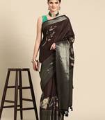 Brown printed silk blend ethnic saree with blouse piece
