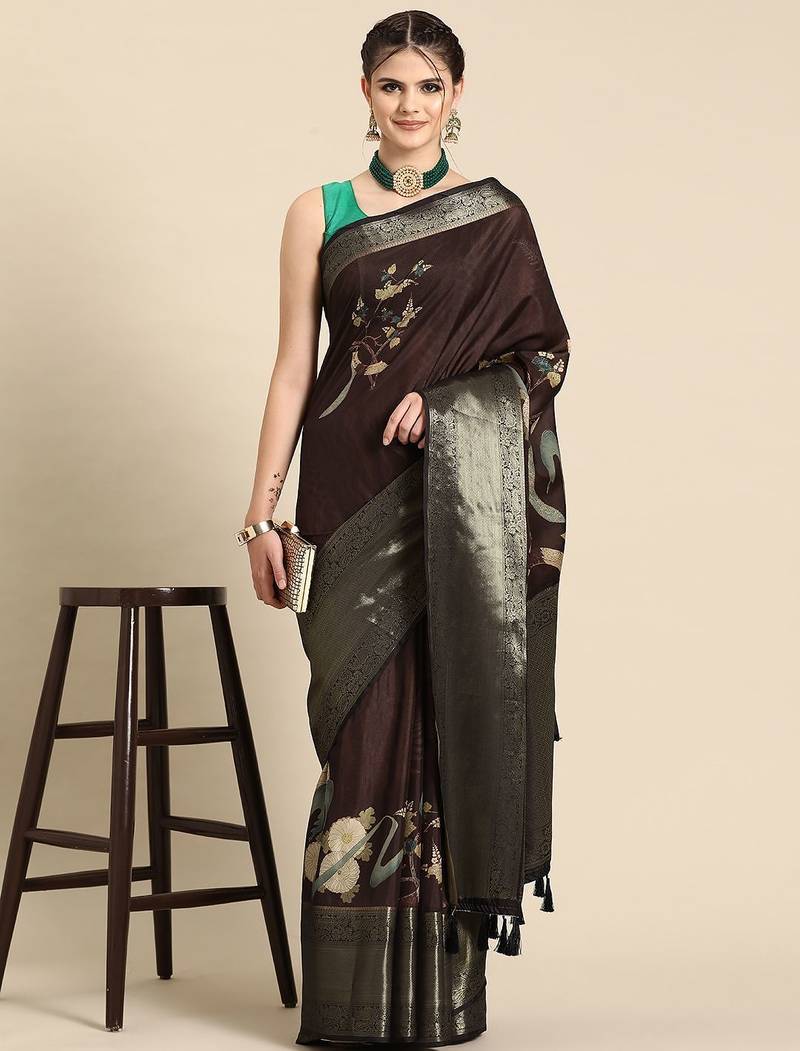 Brown printed silk blend ethnic saree with blouse piece