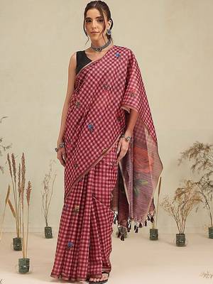 Maroon printed polycotton casual wear saree with blouse piece 1