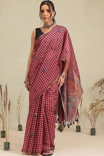 Maroon printed polycotton casual wear saree with blouse piece