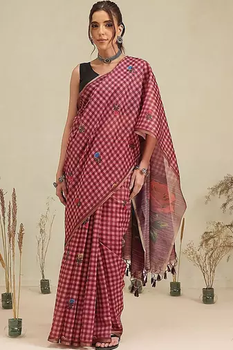 Maroon printed polycotton casual wear saree with blouse piece
