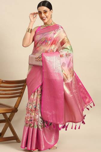 Multicolor printed art silk ethnic saree with blouse piece