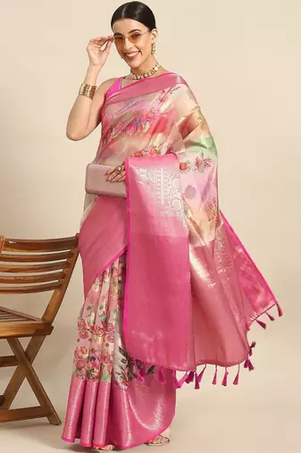Multicolor printed art silk ethnic saree with blouse piece