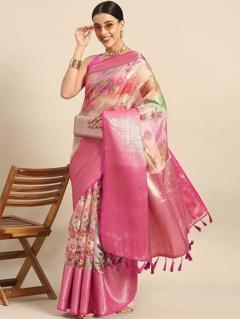 Multicolor printed art silk ethnic saree with blouse piece