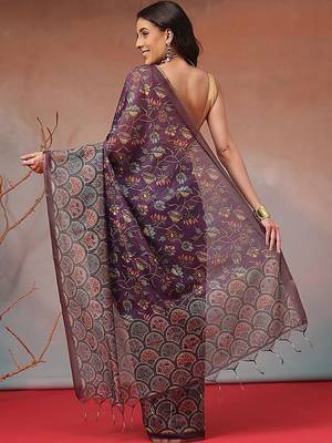 Purple printed cotton blend ethnic saree with blouse piece 2