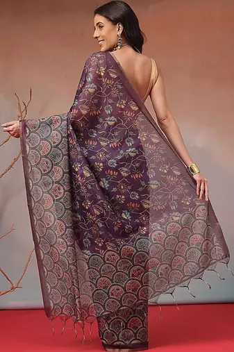 Purple printed cotton blend ethnic saree with blouse piece