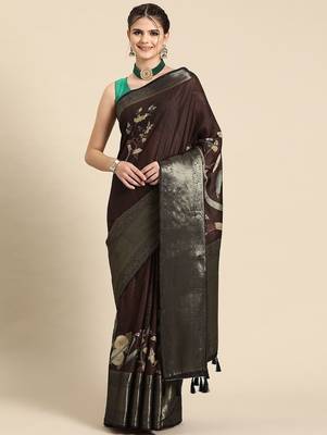 Brown printed silk blend ethnic saree with blouse piece 2