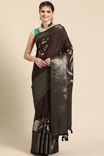 Brown printed silk blend ethnic saree with blouse piece